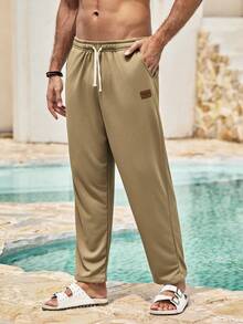 Mercer Haus Men Letter Patched Detail Drawstring Waist Sweatpants - Khaki - View 5