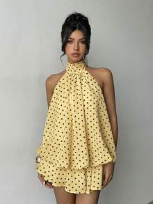 Aloruh Đầm ngắn hở lưng cổ yếm in họa tiết chấm bi thanh lịch dành cho nữ - Vàng nhạt - Xem 6
