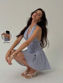 Aloruh Đầm mini hở lưng kẻ sọc gợi cảm cho nữ, mùa hè - Màu xanh lam - Xem 1