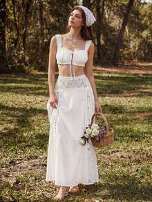 Sweetness Southern Italy Style Vacation Lace Hollow-Out Cropped Top And Skirt 2 Pieces Set For Women - White - View 7