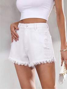 SHEIN ICON 大码女式休闲纽扣毛边牛仔短裤，日常百搭 - 白色 - 查看 3