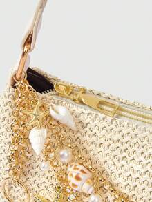 ROMWE Fairycore 1pc Summer Beach Starfish Series Shell & Seashell Woven Shoulder Hand Carry Bag, Beach Bag, Straw Handbag For Women (Charm Color & Style Randomly) , Summer - L - View 5
