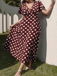 Juhart 大波点深V荷叶袖度假连衣裙 - 咖啡棕 - 查看 4