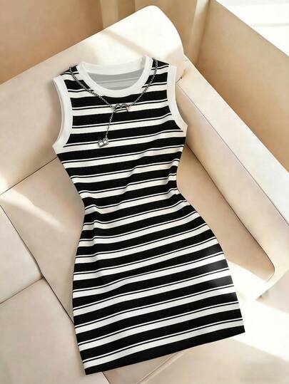 Resyla Vestido de mujer de cuello redondo ajustado sin mangas con estampado de rayas, nueva llegada primavera/verano