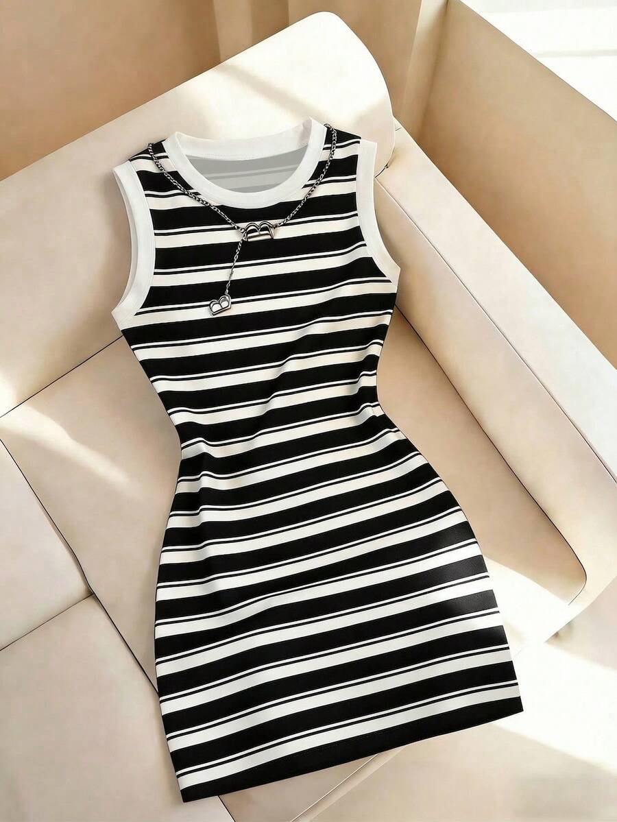 Resyla Đầm nữ cổ tròn không tay in họa tiết kẻ sọc, mẫu mới về mùa xuân/hè. - Nhiều màu - Xem 1