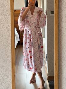 DAZY Bata holgada de mujer con estampado floral, perrito feliz y contrastes de patchwork - Rosa - Ver 8