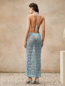 Anewsta Women's Blue Crochet Sequin Dress, High-End Beach Vacation Cover-Up - Blue - View 7