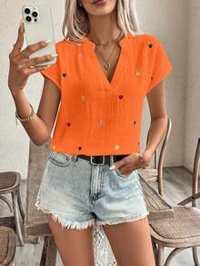 Breezaya 女士休闲V领衬衫，饰有爱心刺绣 - 橘色 - 查看 6