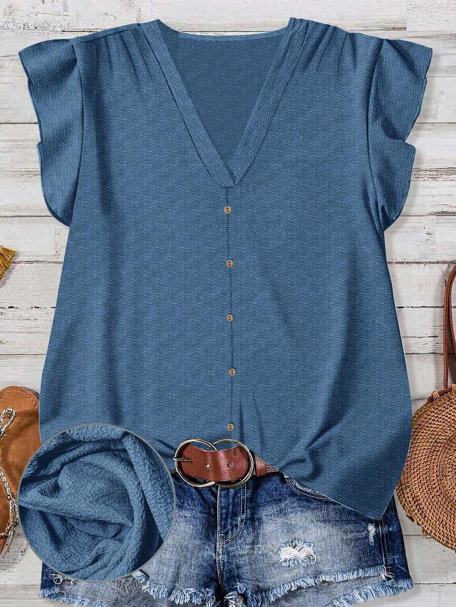 SHEIN LUNE Women's Solid Color V-Neck Casual Blouse, Suitable For Daily Wear In Summer,Summer Top - Blue - View 1
