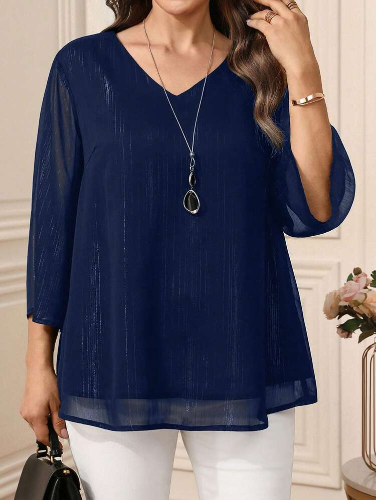 Plus Size Women's Elegant Casual V-Neck 3/4 Sleeve Black Blouse, Spring/Summer