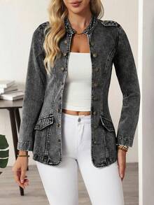 EMERY ROSE Áo khoác denim dài tay nữ, cài một hàng cúc, kiểu dáng thường ngày, đa năng. - Xám - Xem 4
