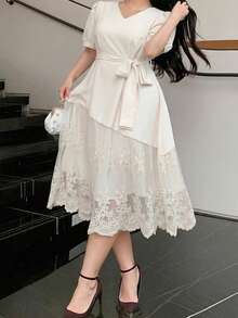 Dazy Plus Plus Size Solid Color Contrast Lace V-Neck Long Sleeve Elegant Dress, Spring/Summer/Autumn Sundress - Apricot - View 1