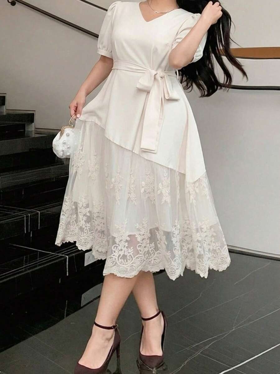 Dazy Plus Plus Size Solid Color Contrast Lace V-Neck Long Sleeve Elegant Dress, Spring/Summer/Autumn Sundress - Apricot - View 1
