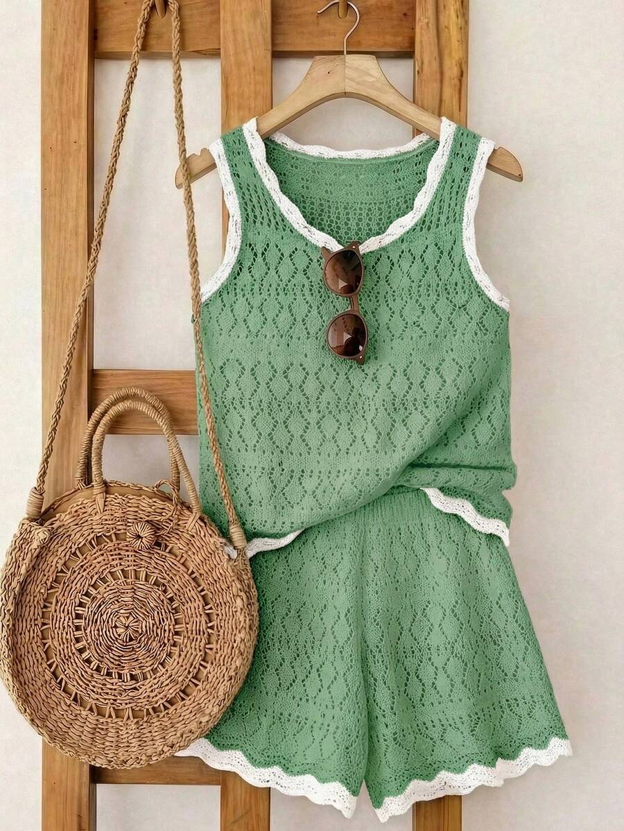 SHEIN Franclia 新款简约夏日度假风优雅镂空波浪领性感吊带背心修身显瘦沙滩度假撞色无袖针织女式毛衣两件套 - 軍綠色 - 查看 1