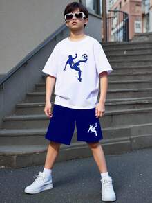 SHEIN Teen Boy White Summer Streetwear Loose Short Sleeve Shorts Set,Suitable For Daily Use,Sports,School,Parties,Weddings,Performances & Opening Ceremonies - Royal Blue - View 7