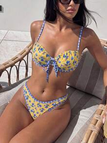 Swim Vcay Bộ bikini nữ màu vàng in hoa phối viền kẻ caro - Bộ đồ bơi hai mảnh phong cách boho dễ thương với chi tiết buộc dây phía trước. - Nhiều màu - Xem 2