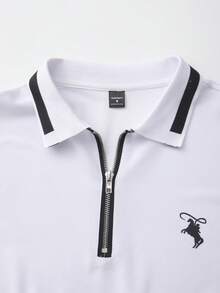 Manfinity Homme Camisa polo de manga corta con cremallera, estampado de caballero con rayas, minimalista para hombres - Blanco - Ver 4