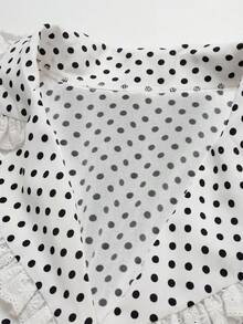 Sweetra Fashionable French Style Polka Dot V-Neck Short Sleeve Waist Cinched Dress - White - View 5