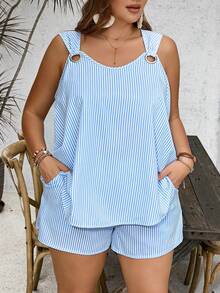 SHEIN VCAY Plus Size Women Boho Blue And White Striped Tank Top And Shorts Summer Beachwear Set - Blue and White - View 5