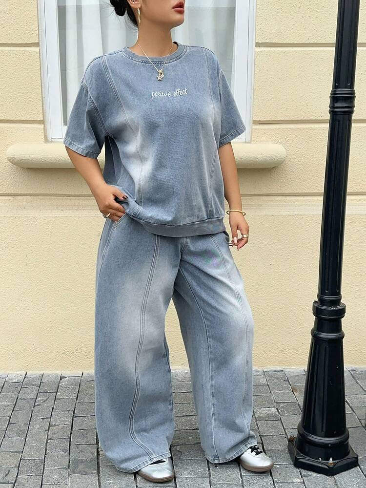 Dazy Plus Plus Size Women 2-Piece Set, Letter Embroidery Washed Dark Blue Loose Long Sleeve Top And Pants, Spring/Autumn