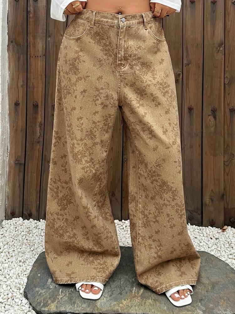 Dazy Plus All-Over Allover Print Pattern Korean Style Washed Casual Jeans, Suitable For All Seasons, Plus Size For Women