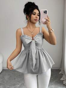 Qadelle Áo camisole nữ mùa xuân/hè mới, thiết kế thời trang với dây buộc, điểm nhấn nơ, sọc xanh trắng, ôm eo, gợi cảm và tôn dáng, đa năng cho cả mặc hàng ngày và hẹn hò. - màu đen - Xem 7