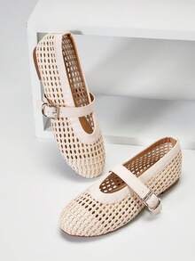 SHUZIA Ladies Elegant Woven PU Mary Jane Flats - Beige - View 5