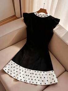 Franclia 女士优雅波点印花荷叶边系带连衣裙，夏季 - 黑色 - 查看 2