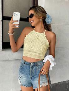 Serisse Vacation Casual Solid Color Lace Trim Halter Crop Top - Pale Yellow - View 3