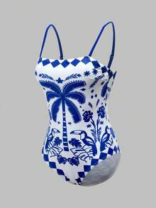 Swim Oasis 女士棕榈树印花吊带连体泳衣，带罩衫短裤，适合度假 - 藍白色 - 查看 5