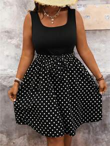 SHEIN VCAY 母亲节加大码女式休闲度假黑白波点拼接连衣裙，夏季女装，乡村风女装，锐舞派对夏季女装，沙滩裙，波西米亚风 - 黑色 - 查看 4