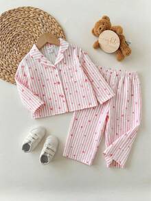 SHEIN Bộ đồ ngủ dài tay kẻ sọc hồng, kiểu dáng giản dị, dễ thương cho bé gái, có nơ thắt cổ. - Màu Hồng baby - Xem 7