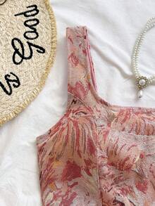 Soleia 女士复古蓝色宫廷风彩色花卉提花两件套：纽扣吊带露脐上衣和迷你裙，春夏款 - 粉色 - 查看 4