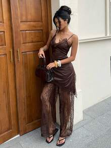 Siren Gaze Petite Petite Women's Lace Patchwork Spaghetti Strap Tank Top And Lace Pants 2 Pieces Set - Brown - View 8