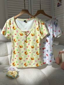 CovetEZ Áo nữ mùa hè, thích hợp mặc ở nhà hoặc ngoài trời, họa tiết đu đủ màu pastel và họa tiết dâu tây màu trắng ngà, chất liệu thoải mái, thời trang thường ngày, thích hợp mặc mùa hè. - Nhiều màu - Xem 6