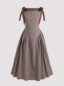 Tween Girls' Plaid Knot Shoulder Pleated Casual Vacation Dress - Multicolor - View 4