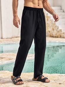 Mercer Haus Men's Breathable Thin Linen Loose Casual Sports Pants, Suitable For Beach, Spring/Summer - Black - View 2
