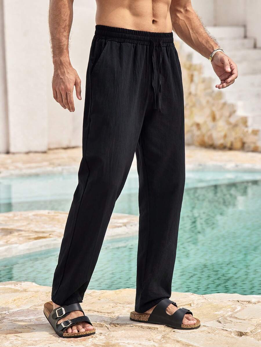 Mercer Haus Men's Breathable Thin Linen Loose Casual Sports Pants, Suitable For Beach, Spring/Summer