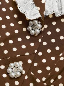 Sweetra Fashionable French Style Polka Dot V-Neck Short Sleeve Waist Cinched Dress - Brown - View 5