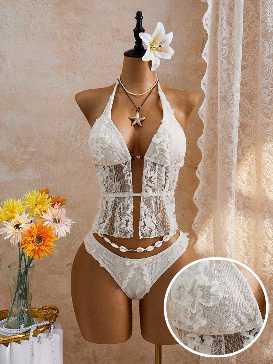 Bellisia Bộ đồ bơi tankini nữ dễ thương, chất liệu vải dệt họa tiết, hơi xuyên thấu, buộc dây phía trước, chất liệu vải cháy xém. - Màu be - Xem 1