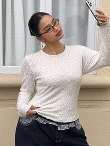 Dazy Plus Brown Round Neck Fitted Long Sleeve T-Shirt With Floral Patchwork And Contrast Color Gym Autumn - White - View 4