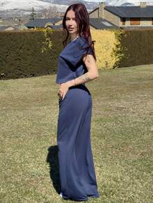 Abrilcols 海军蓝针织女式圆领蝙蝠袖短袖上衣和裤子休闲家居服套装 - 藏蓝色 - 查看 6