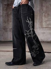 男士简约休闲前扣口袋印花牛仔裤，Emo 风格，垃圾摇滚风 - 黑色 - 查看 1