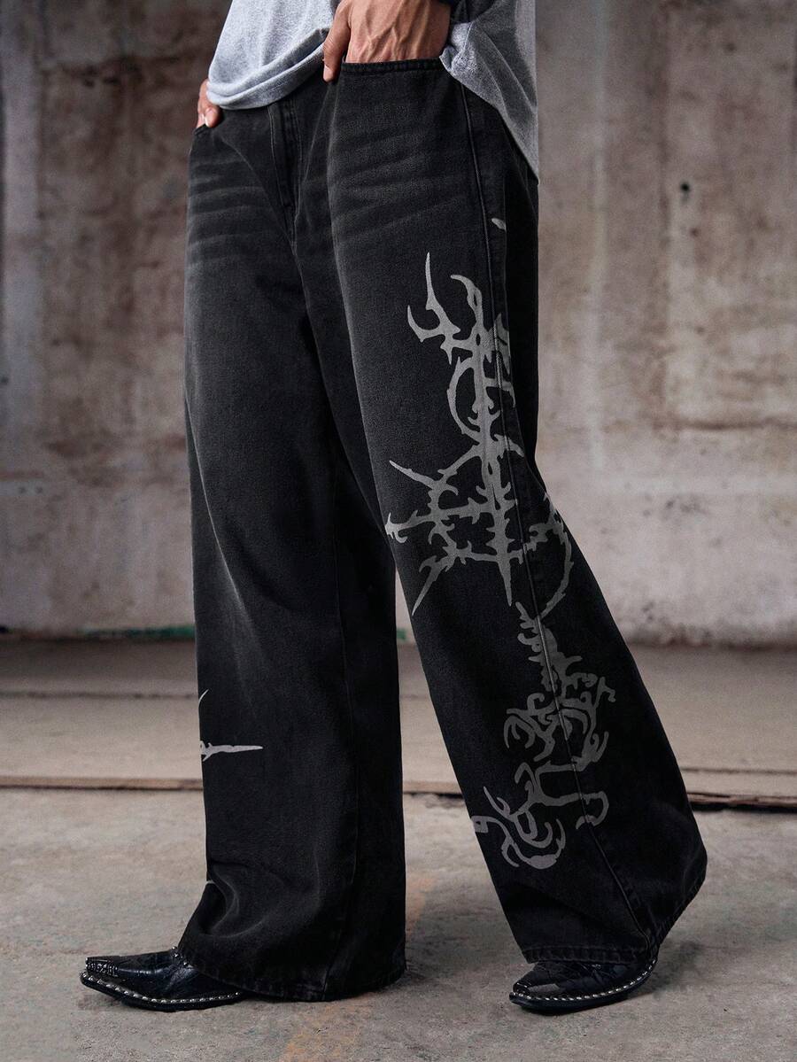男士简约休闲前扣口袋印花牛仔裤，Emo 风格，垃圾摇滚风 - 黑色 - 查看 1