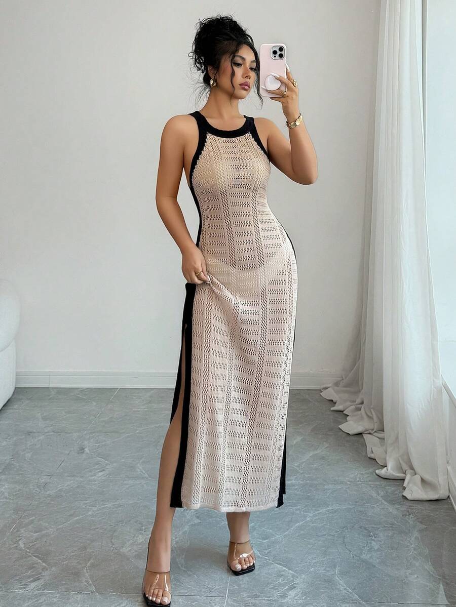 Elenzga 女士镂空针织无袖修身法式通勤长裙 - 卡其色 - 查看 1