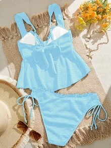Swim Vcay Bộ bikini và áo hai dây màu trơn có lớp lót và viền hoa trang trí dành cho nữ, thích hợp cho mùa hè đi biển và nghỉ mát. - Màu xanh nhạt - Xem 7