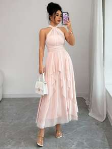 SHEIN Raffinéa 时尚派对礼服，浪漫荷叶边下摆多穿式长裙，粉色 - 淺粉色 - 查看 7