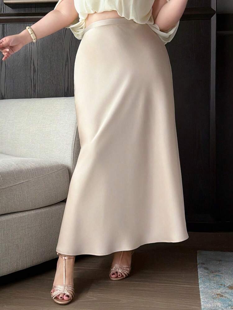 Dazy Plus Satin Fabric Fitted Elegant Versatile Pleated Long Skirt, Suitable For Commuting, Plus Size Women, Spring/Summer