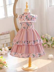 SHEIN Young Girl Ditsy Floral Contrast Color Bow Sleeveless Casual Dress, Young Girls - Pink - View 7
