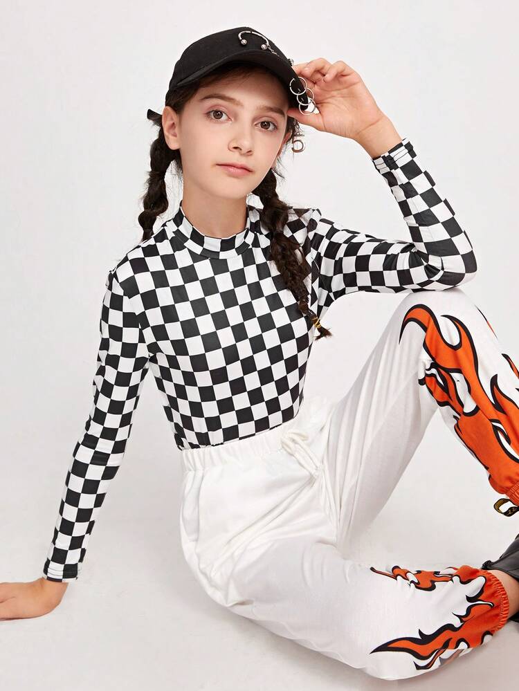 Tween Girl Mock Neck Checker Top